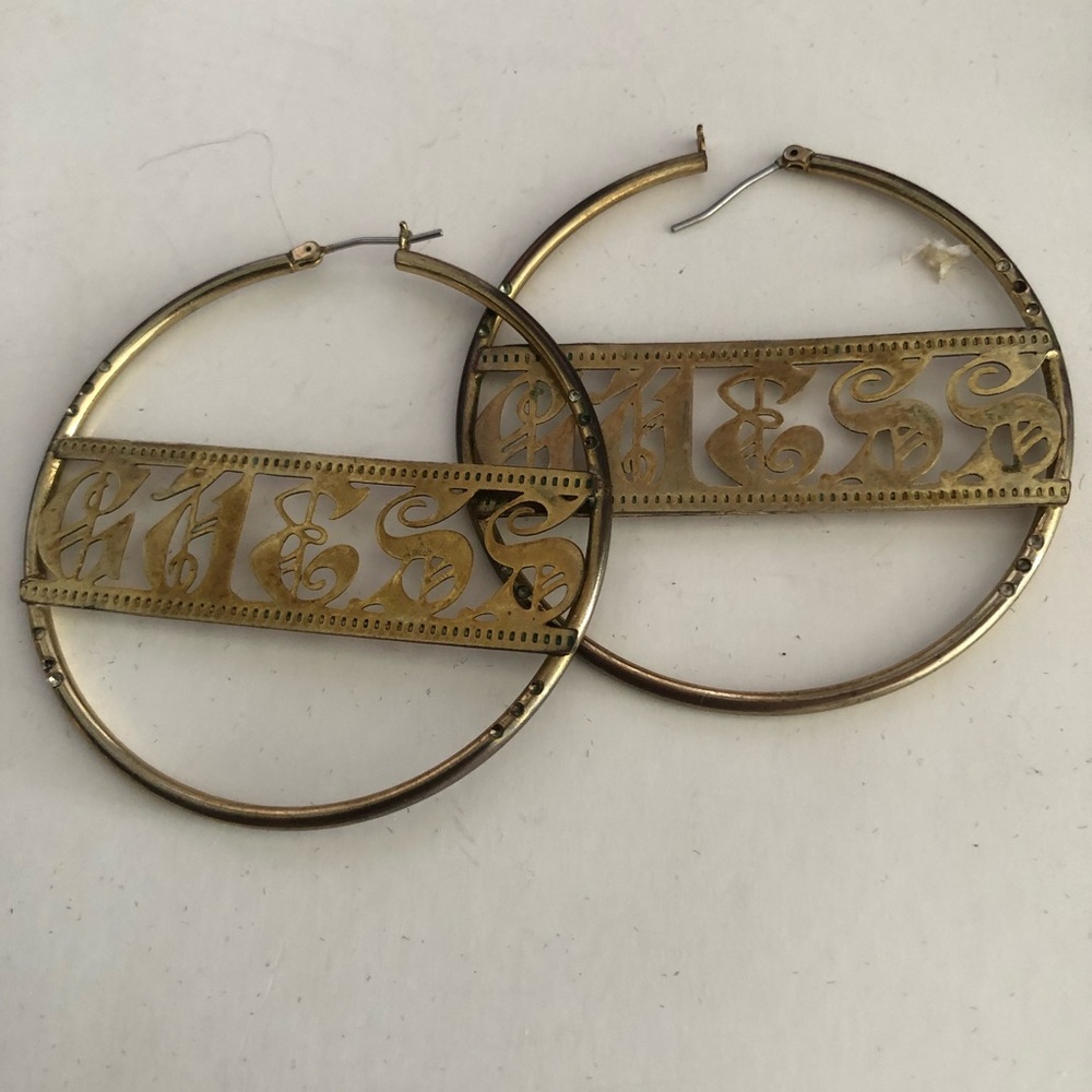 Gold Hoop Earrings with Script Design - guess pierced earrings from 80s